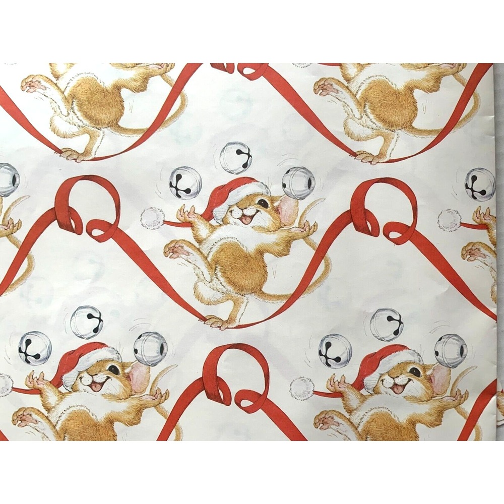 Full Sheet Vtg Current Jingle Bell Mouse Christmas Giftwrap Wrapping Paper Card